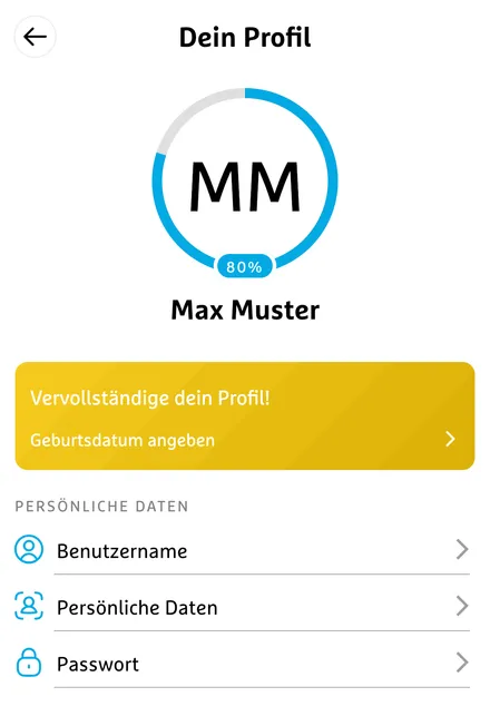 Simplr-Profil zu 80% ausgefüllt, Hinweis Geburtsdatum angeben