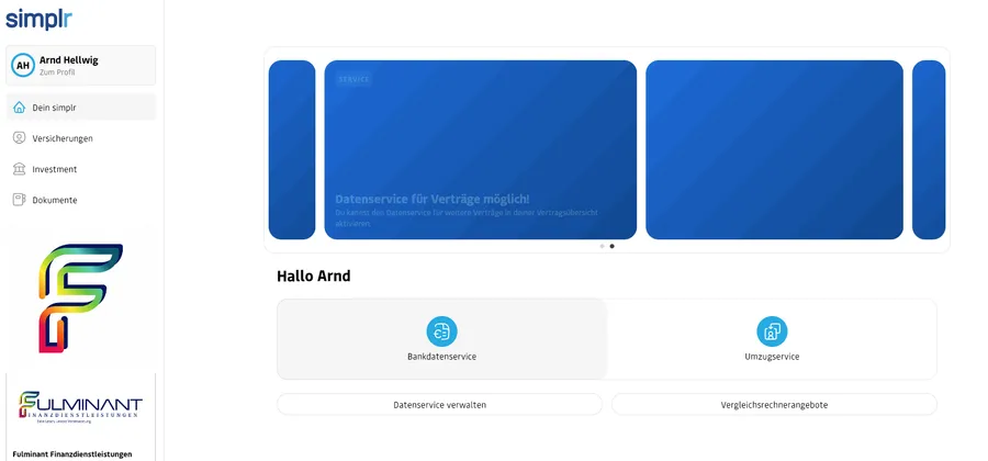 Simplr-Startseite mit Fulminant-Branding: Übersicht, Bankdatenservice und Umzugsservice